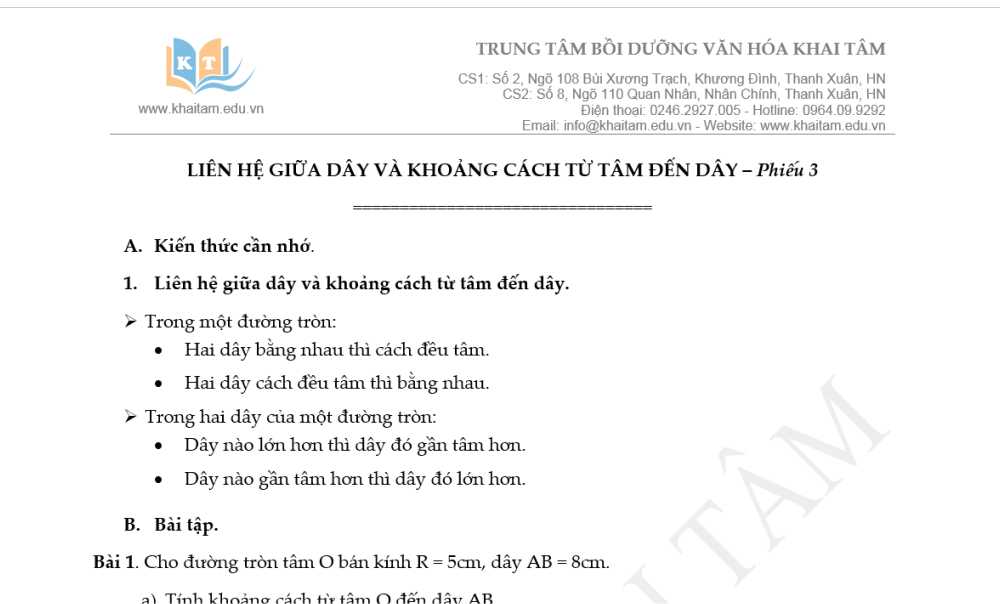 Toán 9: Tài liệu trọng tâm Hình học Chương 2 Phiếu số 3-Liên hệ giữa dây cung và khoảng cách từ tâm đến dây